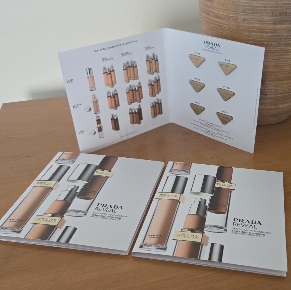 Prada Reveal foundation sample cards